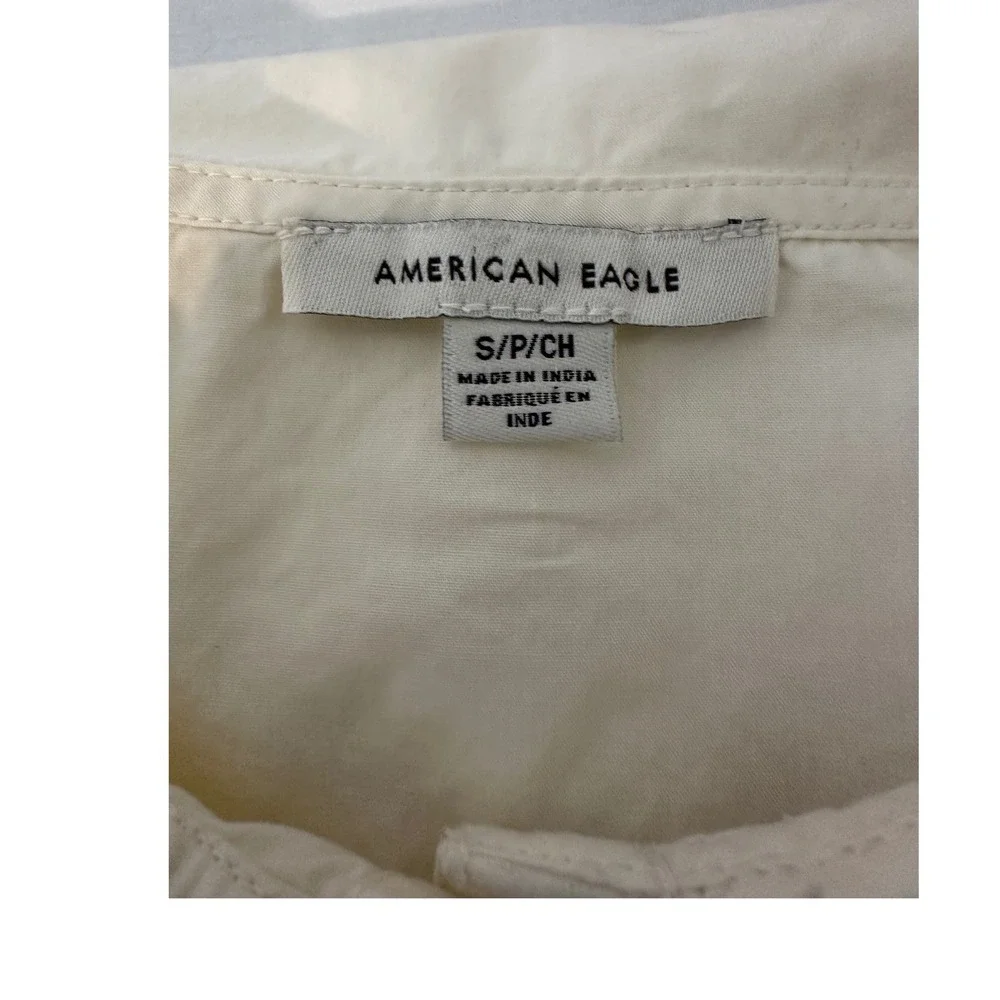 American Eagle Cream Ruffle Peter Pan Collar Cropped Puff Sleeve Blouse Small - Picture 3 of 6